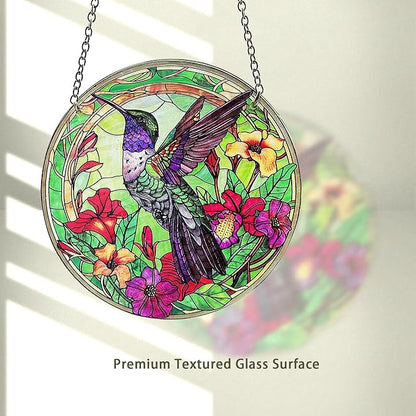 Hummingbird Stained Glass Decor for Women, Bird Lovers Suncatcher. Green Birds Art Walldecor.