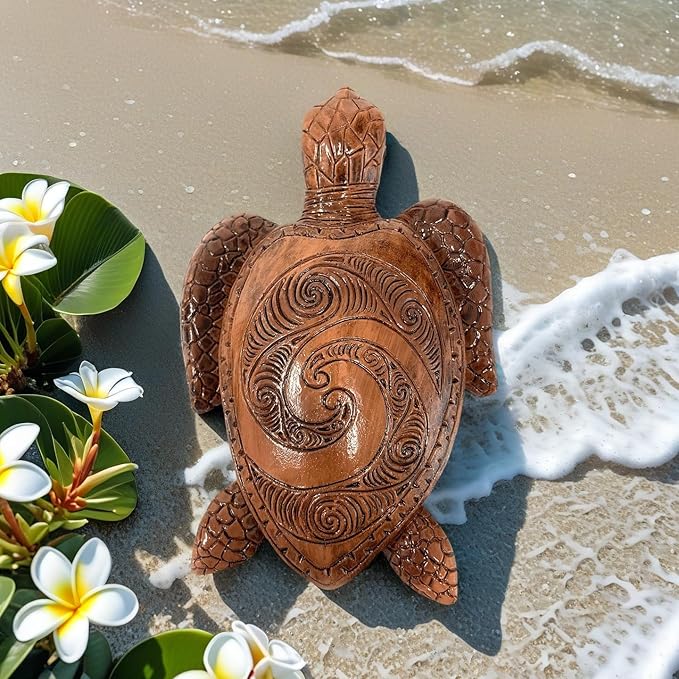 6-Inches Imitative Wood Carving Sea Turtle Statue Resin Hawaiian Turtles Sculpture Garden Tortoise Figurine Decorative Animal Statue for Home Indoor Outdoor Decor Patio Lawn Yard Ornaments