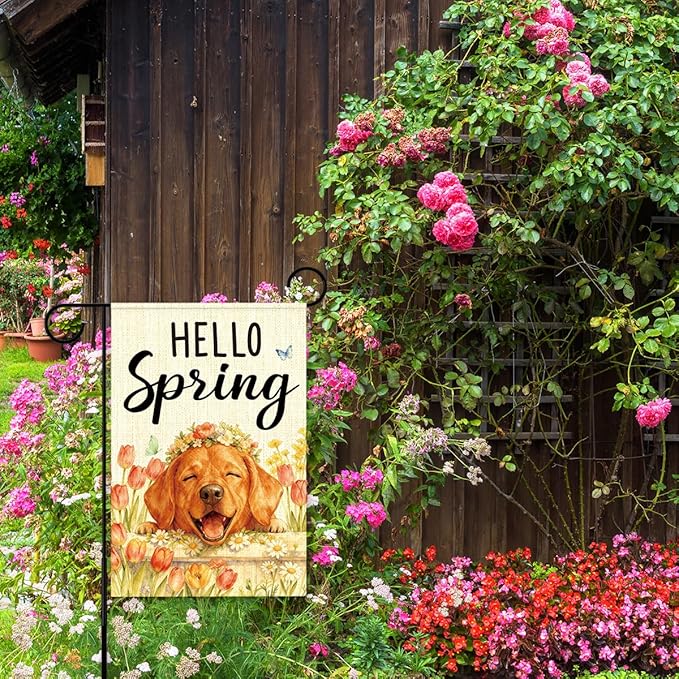 Hello Spring Golden Retriever Dog Garden Flag,Smiling Golden Retriever Spring Garden Flag for Outside Porch Lawn Yard Flags for Outdoor Decorations 12x18 Inch Double Sided