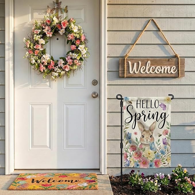 Hello Spring Garden Flag 12 x 18 Inch Double Sided Outside, Rabbit, Brightly Colored Bouquets, Hello Spring Easter Flag Yard Outdoor Easter Holiday Decoration