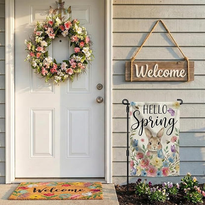 Hello Spring Garden Flag 12 x 18 Inch Double Sided Outside, Rabbit, Brightly Colored Bouquets, Hello Spring Easter Flag Yard Outdoor Easter Holiday Decoration