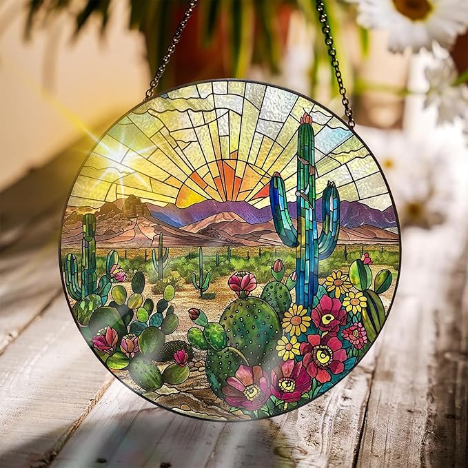 Bimkole Cactus Stained Glass Suncatcher Window Hanging - Plants Indoor Window or Doorway Decoration - Handmade Sun Catcher Decor for Garden Home Christmas & Birthday Gifts 7.87x7.87 Inch