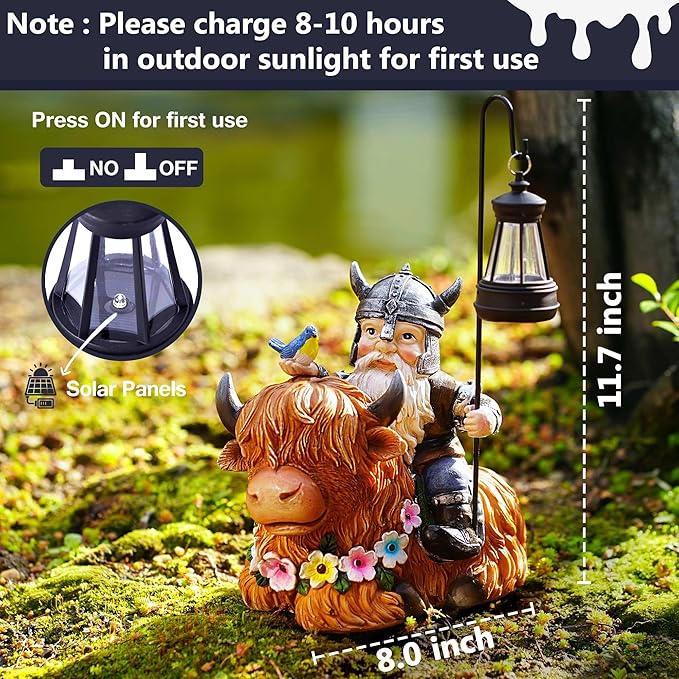 Garden Gnome Outdoor Statue Highland Cow Decor for Yard Patio Lawn Porch Birthday Gifts for Women Men, Mother’s Day, Housewarming with Solar Light Gnome Decor for Outside