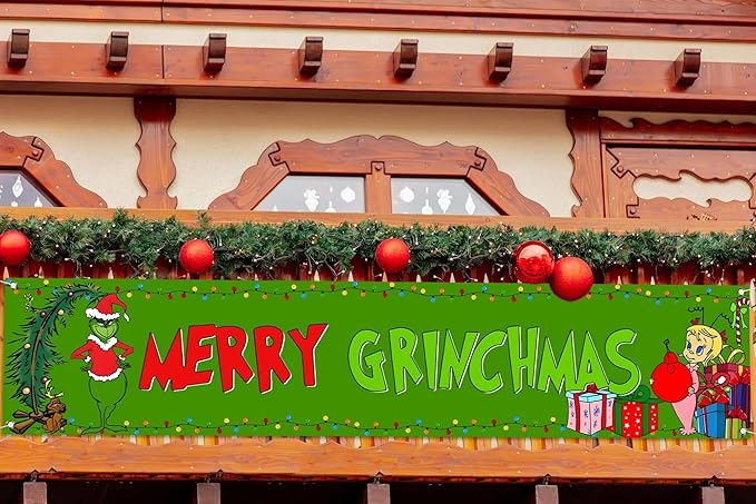 Nepnuser Green Christmas Fence Banner Winter Holiday Party Decoration Xmas Large Home Garden Outdoor Yard Hanging Sign Decor-1.6 * 8.2ft (Green-A)