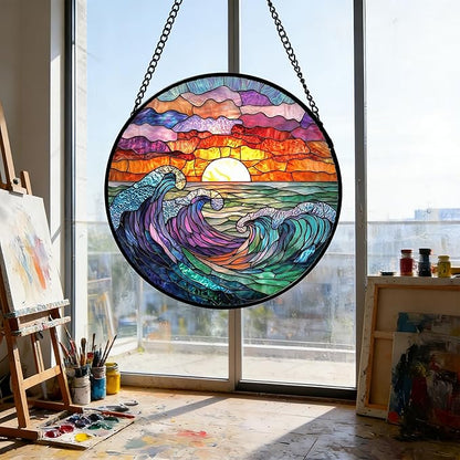 DASTOLL Stained Glass Window Hanging, Clouds and Sea Waves Suncatcher Diamond Glass Panel Hangings Scenery Sun Catchers Decor for Birthday for Women, Men, Wife, Aunt, and Mom 7.8 in