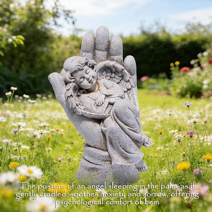 basen Guardian Angel Statue in Hand, Memorial Angel Garden Statue for Outdoor Yard Lawn Patio, Resin Angel Figurine Decoration for Grave Cemetery Remembrance, Sympathy Gift Decor