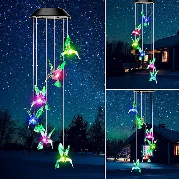 Retisee LED Solar Hanging Wind Chime, Outdoor Mobile Color Changing Light, Home Yard Garden Decoration Automatic Light Gift for Party Women Mom(Hummingbird)