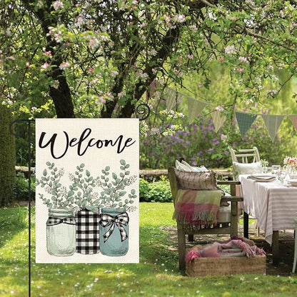 AVOIN colorlife Eucalyptus Mason Jar Spring Summer Garden Flag 12x18 Inch Double Sided Outside, Buffalo Plaid Welcome Yard Outdoor Flag
