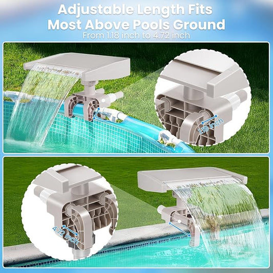 Pool Fountain Waterfall for Above Ground Pools, Smooth Flowing Pool Waterfall for Relaxation, Swimming Pool Frame Attachment Clamp Accessory, Adjustable Width Fits Various Frames (Beige)