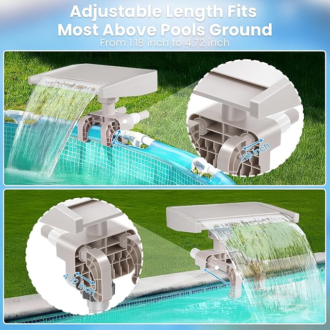 Pool Fountain Waterfall for Above Ground Pools with 7-Color LED Lights, Smooth Flowing Pool Waterfall for Outdoor Decor and Relaxation, Adjustable Width Fits Various Frame Pools (Led Light)
