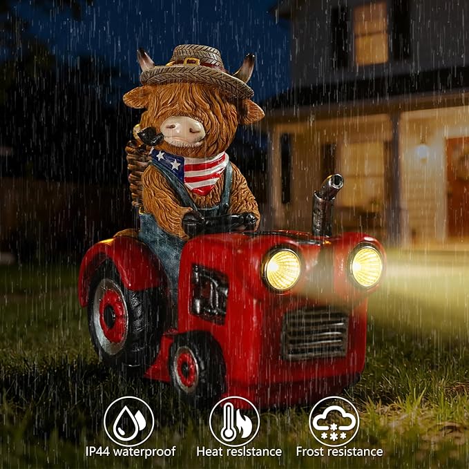 Groundhog Welcome Garden Statue with Solar Headlamp – Funny Animal Outdoor Yard Decor with LED Light and Butterfly – Waterproof Resin Garden Ornament for Patio, Lawn, Pathway (Tractor Cow)