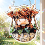 Yalikop 6 Inch Highland Cow Suncatcher Decor Faux Stained Glass Window Hanging Ornament Acrylic Highland Cow Gifts for Animals Lovers Home Garden Farmhouse Decoration