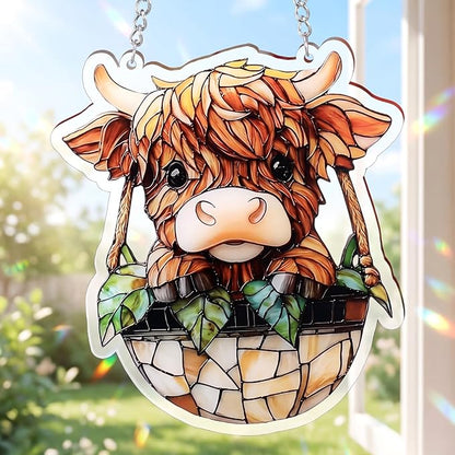 Yalikop 6 Inch Highland Cow Suncatcher Decor Faux Stained Glass Window Hanging Ornament Acrylic Highland Cow Gifts for Animals Lovers Home Garden Farmhouse Decoration