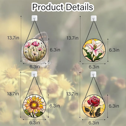Stained Glass Window Hanging 4 Pcs Set Lily Rose Sunflower Poppy 6.3" - Flower Suncatcher Door Garden Sun Catcher Decor Birthday Mother's Day for Wife Woman Nana Girl