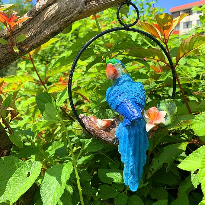 iRonrain Mini Garden Statues Hanging Iron Ring Parrots, Art Décor Gorgeous Swing Birds Figurine Sculpture Ornament for Pathways Yard Patio Office Indoor Outdoor Tree Decorations (Yellow/Blue)