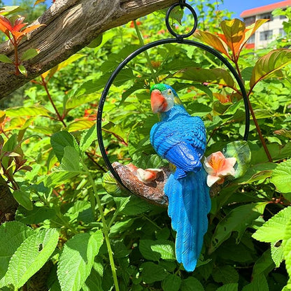 iRonrain Mini Garden Statues Hanging Iron Ring Parrots, Art Décor Gorgeous Swing Birds Figurine Sculpture Ornament for Pathways Yard Patio Office Indoor Outdoor Tree Decorations (Yellow/Blue)