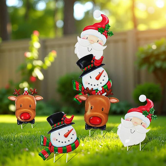 Christmas Decorations Outdoor Lawn Ornaments, Metal Christmas Decor Garden Art with 3 Santa Claus, Snowman, Elk Stakes, Detachable Valentine Gnomes Yard Signs Art Valentine Decorations Gift
