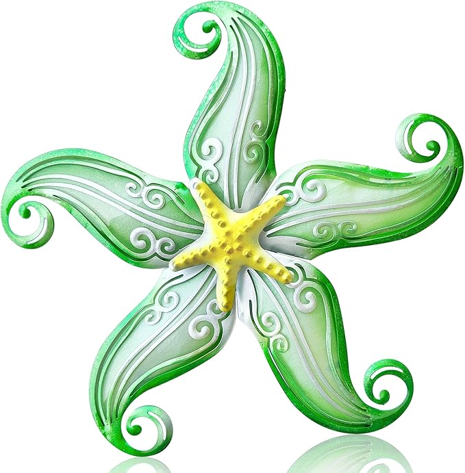 POXOHO Starfish Outdoor Metal Wall Decor, Metal Wall Art Outdoor for Garden Yard Fence, 12" Hanging Glass Sculpture, Starfish Coastal Wall Decor for Ocean Themed Gifts (Green)