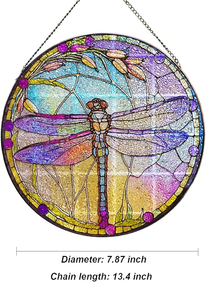 Dragonfly Stained Glass Suncatcher Artistic Window Hanging,7.8” Hand-Painted Glass Panel Wall Home Decor,Gift for Women Garden Decor Suncatcher (Dragonfly)