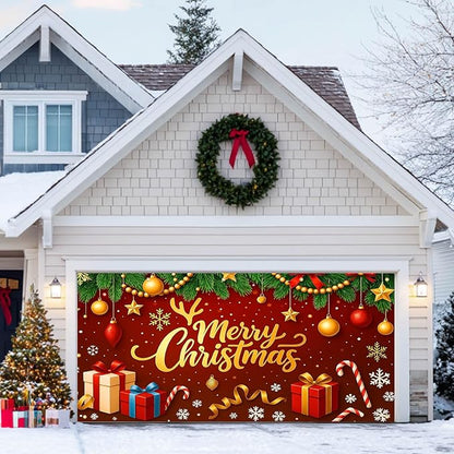 HOMETITUTE Christmas Garage Door Cover 13x6ft Merry Christmas Gold Letters Red Bow Green Pine Seasonal Banner Outdoor Indoor Holiday Decoration Winter Party Backdrop Gift Boxes Candy Cane Wall