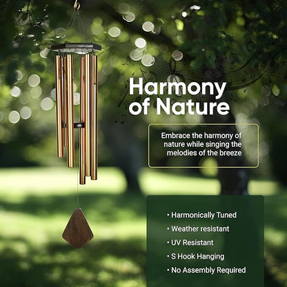 Nature’s Melody Premiere Grande Tunes Wind Chimes – Outdoor Windchime with 6 Tubes Tuned to E Pentatonic Scale, Rustproof Aluminum, Beech Wood & S Hook Hanger (Bronze, 24")