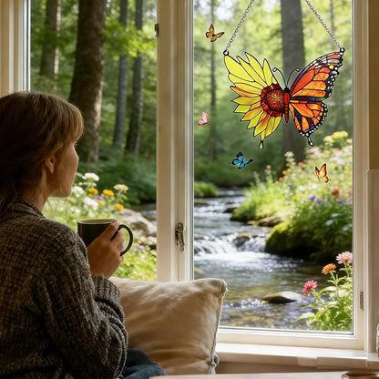 Stained Glass Window Hanging, Butterfly Flowers Sun Catcher Decor, Handcrafted Stained Glass Panel for Window, Home, Garden, Indoor Outdoor Suncatchers Ornament, Ideal Gift for Mom, Friends