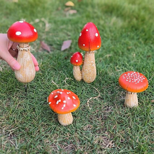 Mushroom Decor - Fairy Garden Accessories Outdoor Spring Patio Decoration 4 PCS Mushroom Statues with Stakes (Red2+Orange2)
