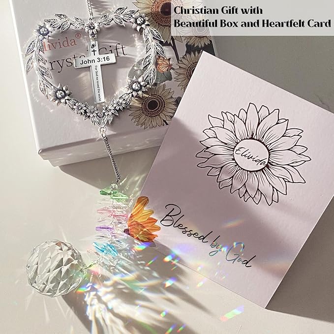 Christian Gifts for Women, Heart Shaped Suncatcher with Cross, John 3:16 Crystal Hanging Ornament, Inspirational Religious Birthday Catholic Spiritual & Baptism Confirmation Gifts for Girls