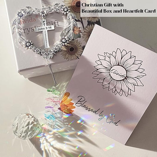 Christian Gifts for Women, Heart Shaped Suncatcher with Cross, John 3:16 Crystal Hanging Ornament, Inspirational Religious Birthday Catholic Spiritual & Baptism Confirmation Gifts for Girls