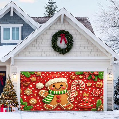 HOMETITUTE Christmas Door Banner 13x6ft Festive Gingerbread Man Red White Candy Cane Red Polka Dot Background Holiday Porch Decoration Winter Seasonal Merry Christmas Front Door Cover