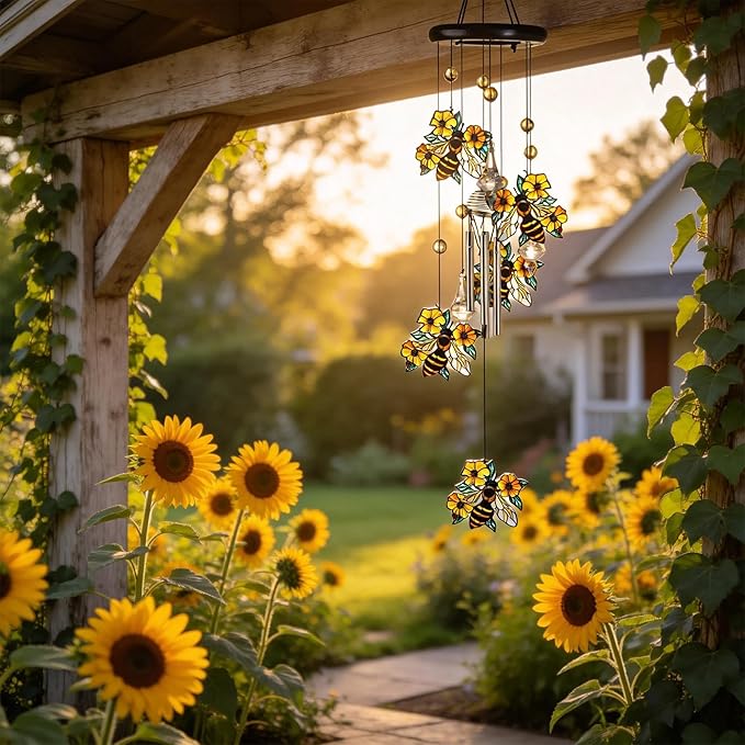 HDCRYSTALGIFTS 27'' Bees Flowers Wind Chimes for Outside Memorial Gifts for Loss of Loved One Mom Dad, Sympathy Chimes Outdoor Garden Patio Home Decor