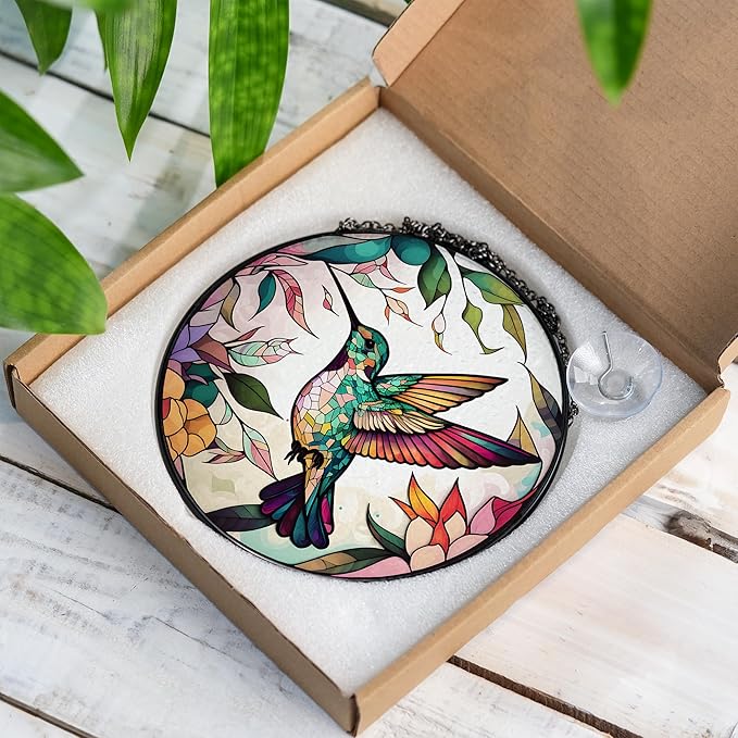 6" Hummingbird Stained Glass Suncatcher, Bird Handcrafted Suncatcher Window Hanging, Nature Floral Art Decor for Home Garden, Gift for Mom, Grandma, Women, Friend, Bird Lover P-SC-M114-SG6