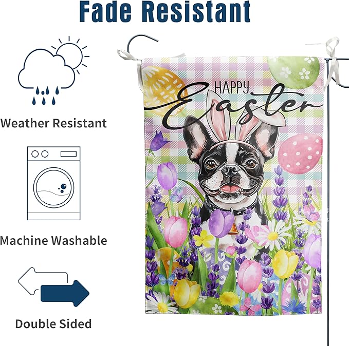 Happy Easter Dog Garden Flag Boston Terrier Spring Flags Buffalo Plaid Bunny Eggs Yard Flag for Outside 12x18 Double Sided Small Decorative Floral Outdoor Flag