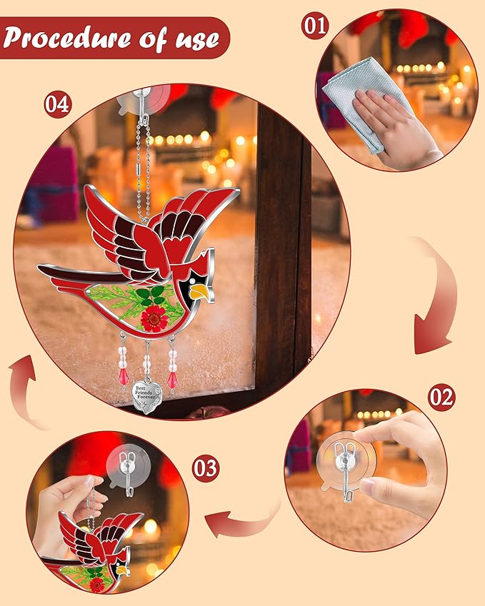 KY&BOSAM Best Friend Forever Cardinal Suncatcher Hand Painted Stained Glass for Windows Hanging Ornament Wind Chime with Pressed Flower and Heart Charm Gifts for Friend Mothers Day Birthday Christmas