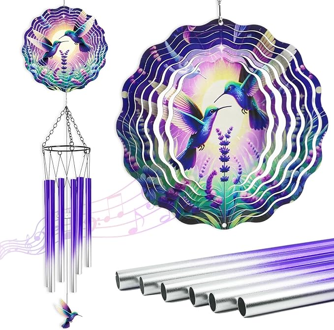 Hummingbird Wind Chimes for Outside - Hummingbird Wind Chimes with 3D Wind Spinners for Bird Lover, Hanging Art Ornament for Indoors Room Home Wall Garden Patio Yard Porch Backyard, Memorial Gifts