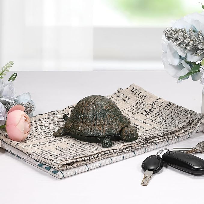 JUXYES Turtle Cast Iron Key Hider Outside Spare Door Key Box Outdoor Small Garden Statues Ornament, Turtle Indoor Decoration Jewelry Trinkets Box for Key, Ear Studs, Ring, Paper Clip