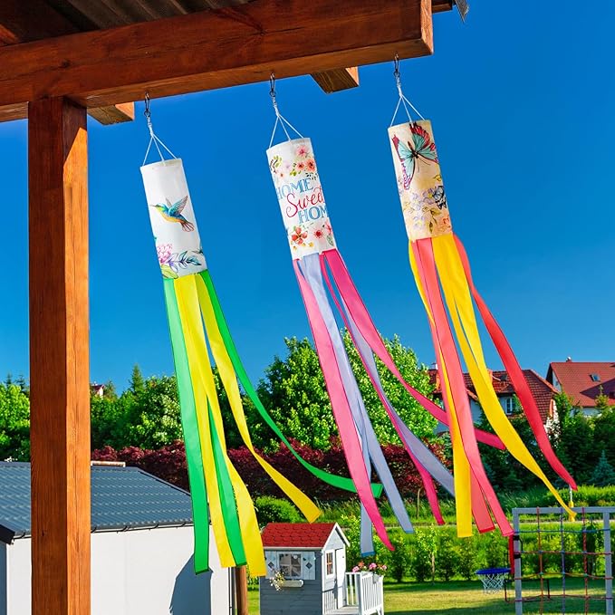 WinTS 3Pcs 55 Inch Wind Socks,Large Size Windsocks Outdoor Hanging Butterfly Hummingbird, Spring Wind Socks for Outside Heavy Duty for Wall Tree Front Patio Lawn Garden