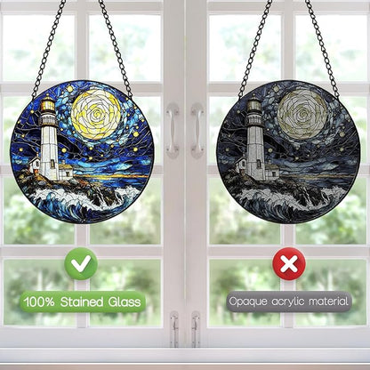 Stained Glass Window Hanging, 8 Inch Ocean Lighthouse Suncatcher, Sun Catchers Indoor Window, Suncatchers for Windows Hanging, Spring Home Garden Decor Panel Mothers Day Birthday Gift for Mom Grandma
