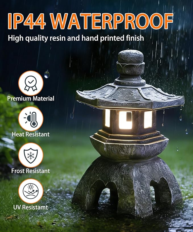 Nacome Solar Pagoda Lantern Garden Statue,Indoor/Outdoor Zen Asian Decor for Landscape Balcony,Garden,Patio,Porch Yard Art Ornament,Polyresin, Stone Finish