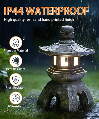 Nacome Solar Pagoda Lantern Garden Statue,Indoor/Outdoor Zen Asian Decor for Landscape Balcony,Garden,Patio,Porch Yard Art Ornament,Polyresin, Stone Finish