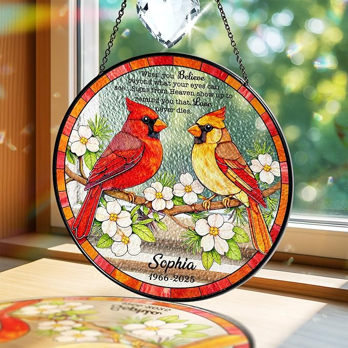 Personalized Cardinal Stained Glass Memorial Suncatcher, Custom Cardinals Window Hanging with Quote, Meaningful Sympathy Gifts for Loss of Loved One, Memorial Day for Mom, Dad, Grandparent