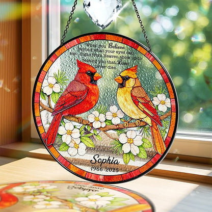Personalized Cardinal Stained Glass Memorial Suncatcher, Custom Cardinals Window Hanging with Quote, Meaningful Sympathy Gifts for Loss of Loved One, Memorial Day for Mom, Dad, Grandparent
