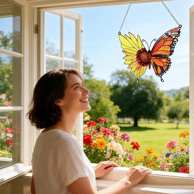 Stained Glass Window Hanging, Butterfly Flowers Sun Catcher Decor, Handcrafted Stained Glass Panel for Window, Home, Garden, Indoor Outdoor Suncatchers Ornament, Ideal Gift for Mom, Friends