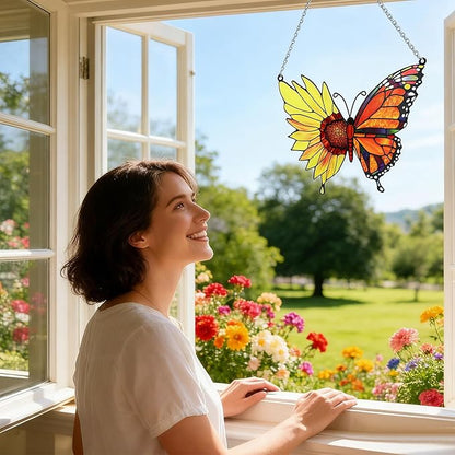 Stained Glass Window Hanging, Butterfly Flowers Sun Catcher Decor, Handcrafted Stained Glass Panel for Window, Home, Garden, Indoor Outdoor Suncatchers Ornament, Ideal Gift for Mom, Friends
