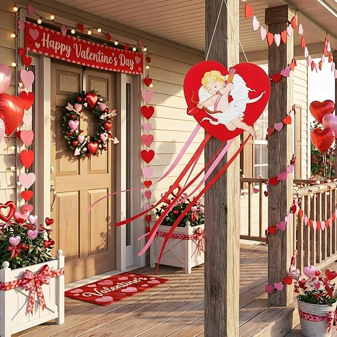 Soulchen Valentine's Day Heart Windsock for Outside 40'' Cupid Windsocks for Valentine's Day Decorations Hanging Cupid for Farmhouse Garden Home Yard Decor