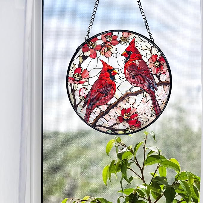 Cardinal Bird Stained Glass Window Hanging, Red Cardinal Flower Sun Catchers Indoor Window Round Glass Wall Art Decor, Bird Suncatcher Wall Hanging Decorations, Gardening & Lawn Care