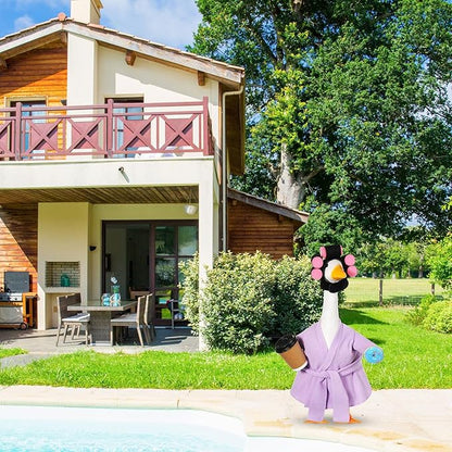 Shyyween Spring Lady Porch Goose Outfit for 23'' Cement Plastic Lawn Goose Summer Statue Clothes Bathrobe Coffee Cup Curlers for Outdoor Garden Yard Patio Decoration(Light Purple)