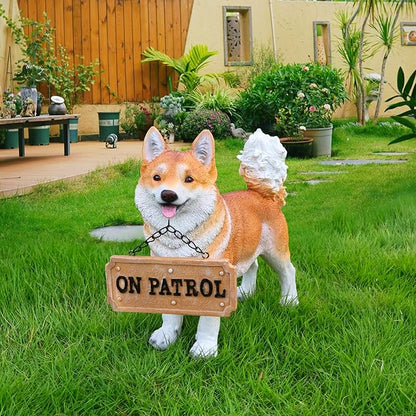 Akita Garden Sculpture with Solar Light and Double-Sided Sign, Standing Brown & White Japanese Akita Statue for Outdoor/Indoor Yard Patio Lawn Decor, Realistic Guardian Accent for Porch Pathway