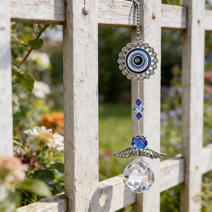 12.7inch Handmade Crystal Angel Suncatcher Hanging Ornament for Christmas Tree Turkish Blue Evil Eye Protection Pendant and Good Luck Charm Gift