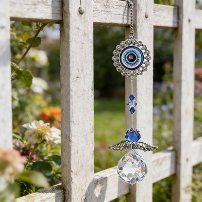 12.7inch Handmade Crystal Angel Suncatcher Hanging Ornament for Christmas Tree Turkish Blue Evil Eye Protection Pendant and Good Luck Charm Gift